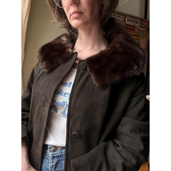 Vintage 60s Suede Fur Collar Coat | Chocolate Brown Mink Trim | Size M/L - Picture 5 of 14